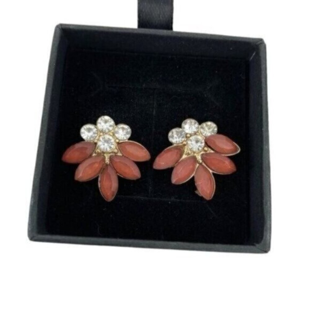 Vintage Rhinestone Floral Coral Lucite Faceted Petal Earrings Old Hollywood Glam